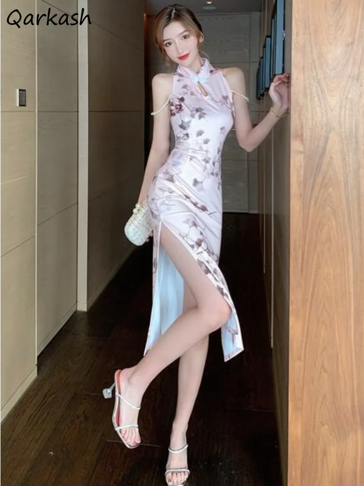 

Beading Dresses Women Mandarin Collar Chinese Style Summer Side-slit Vintage Ladies Sheath Temperament Hotsweet Fashion Ulzzang