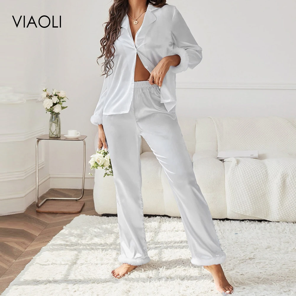

Spring&Autumn Satin Sleepwear Women's 2 Pieces Pajamas Set Homewear Lounge Clothes Long Sleeve Suit Pyjama Fashion Pijama Femme