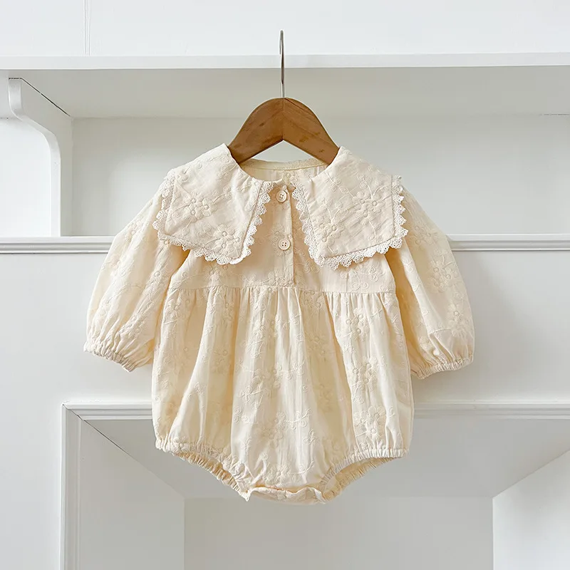 thumbnail image 1 of Ropa de bebé de primavera y otoño, mono coreano de una pieza con cuello Peter Pan para niñas pequeñas, mono de Color sólido bordado Floral, 1 of 6