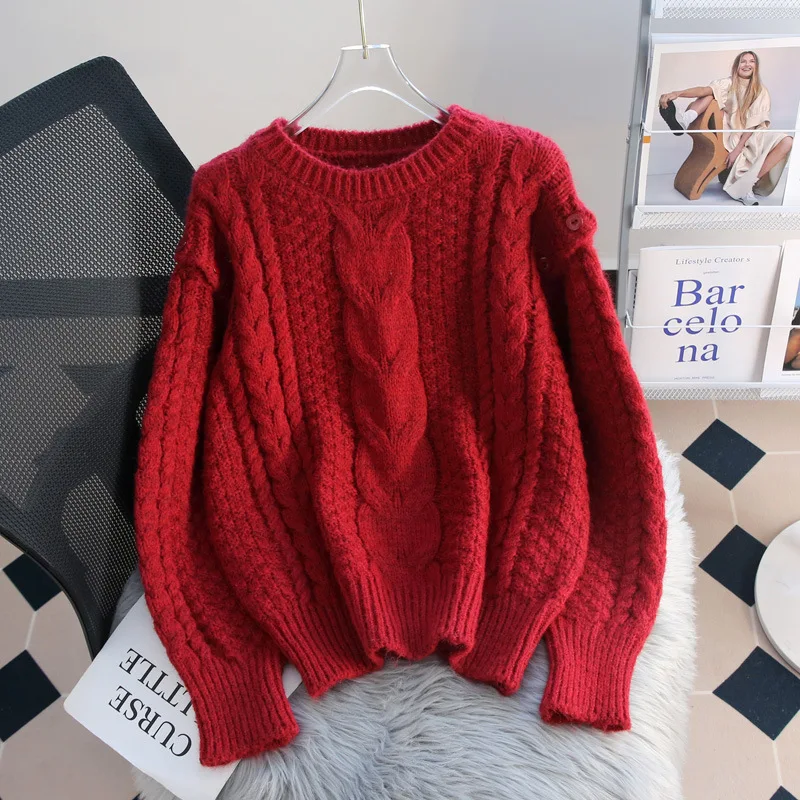 

Hsa Red short Chinese New Year twist sweater for women autumn and winter thickened small high-end New Year pullover knitted tops