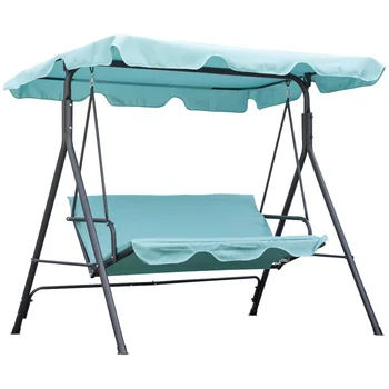 Porch Swing Hammock Bench Chair, Steel 3-Seat W/ Adjustable Canopy, Blue 1