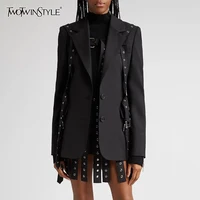 TWOTWINSTYLE Solid Patchwork Belts Blazers For Women Notched Collar Long Sleeve Patchwork Single Breasted Chic Blazer Female New 1
