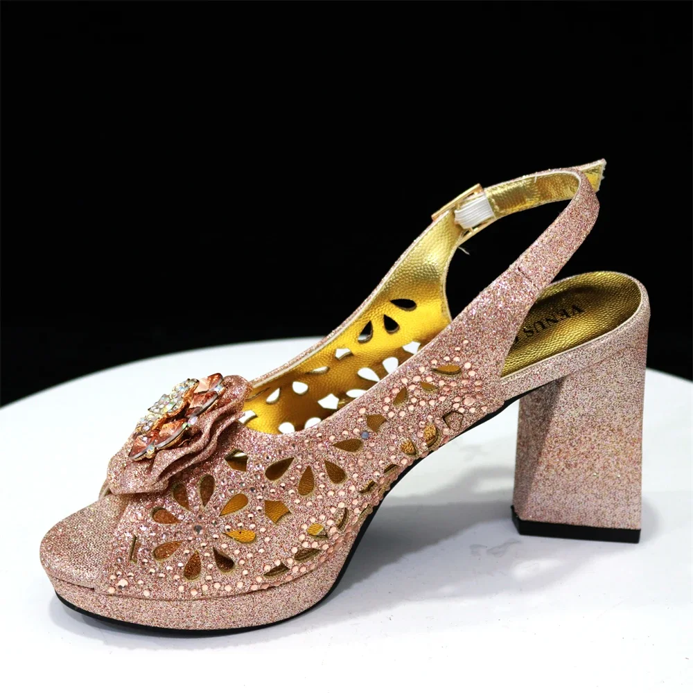Women High Heels Sandals Printing Flower Material with Rhinestone Italian Design Champagne Color Open-Toed Shoes 2