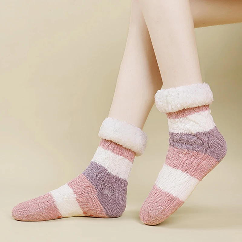 Women Thermal Fuzzy Sock Comfy Winter Warm Sleeping Soft Female Plush Non Slip Grip Silicone Short Slipper Floor Sock House Home