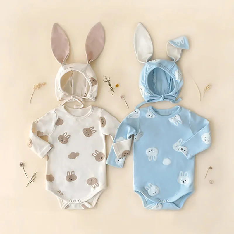 

4991B Newborn Clothes Cartoon Bodysuit 2023 Spring Summer Rabbit Print Baby Boy's One Piece Clothes Climbing Clothes