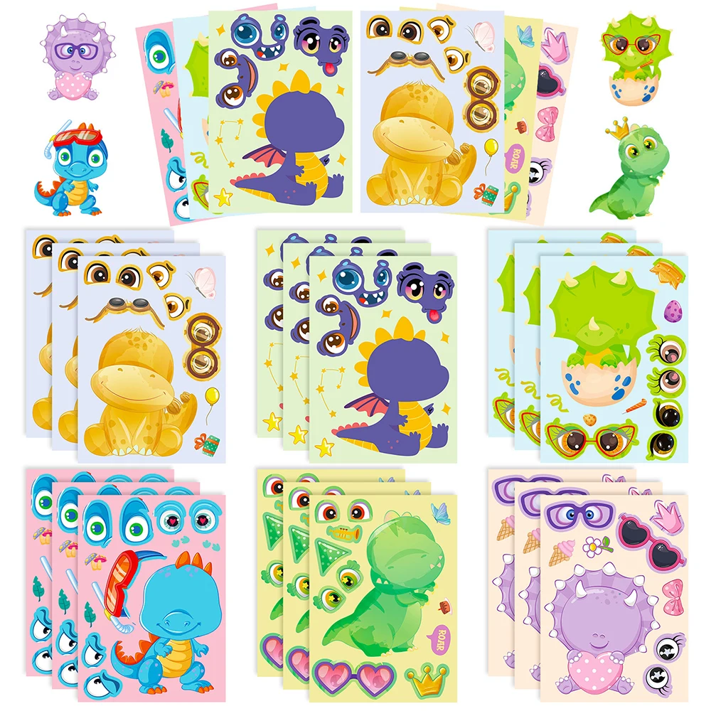 6/12Sheets Cute Dinosaur Children DIY Puzzle Stickers Game Make-a-Face Assemble Jigsaw Decals Kids Educational Toys Party Gift 6pcs truck model dinosaur toys car diecast container truck combination engineering vehicles educational toy kids birthday gift