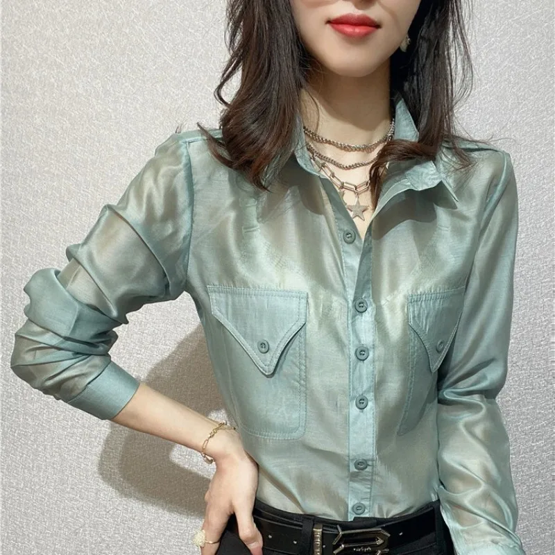 Women Black Shirt Tops Summer Thin Micro Transparency Sexy Sunscreen Loose Westernization Lapel Collar Long Sleeved