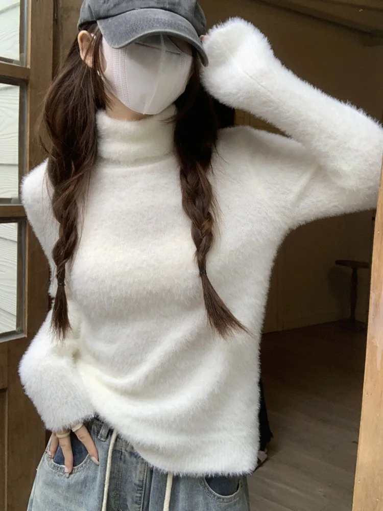 

Knitted Turtleneck Sweater Women Autumn Winter Casual Long Sleeve Pullovers Female Korean Fashion Soild Color Fluffy Knitwear
