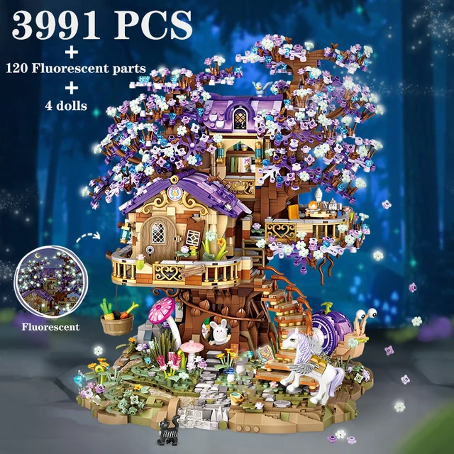 Mini Elf Tree House City Street View Building Blocks Cherry Blossom Model DIY Luminous Building Boys Girls Children s Gift