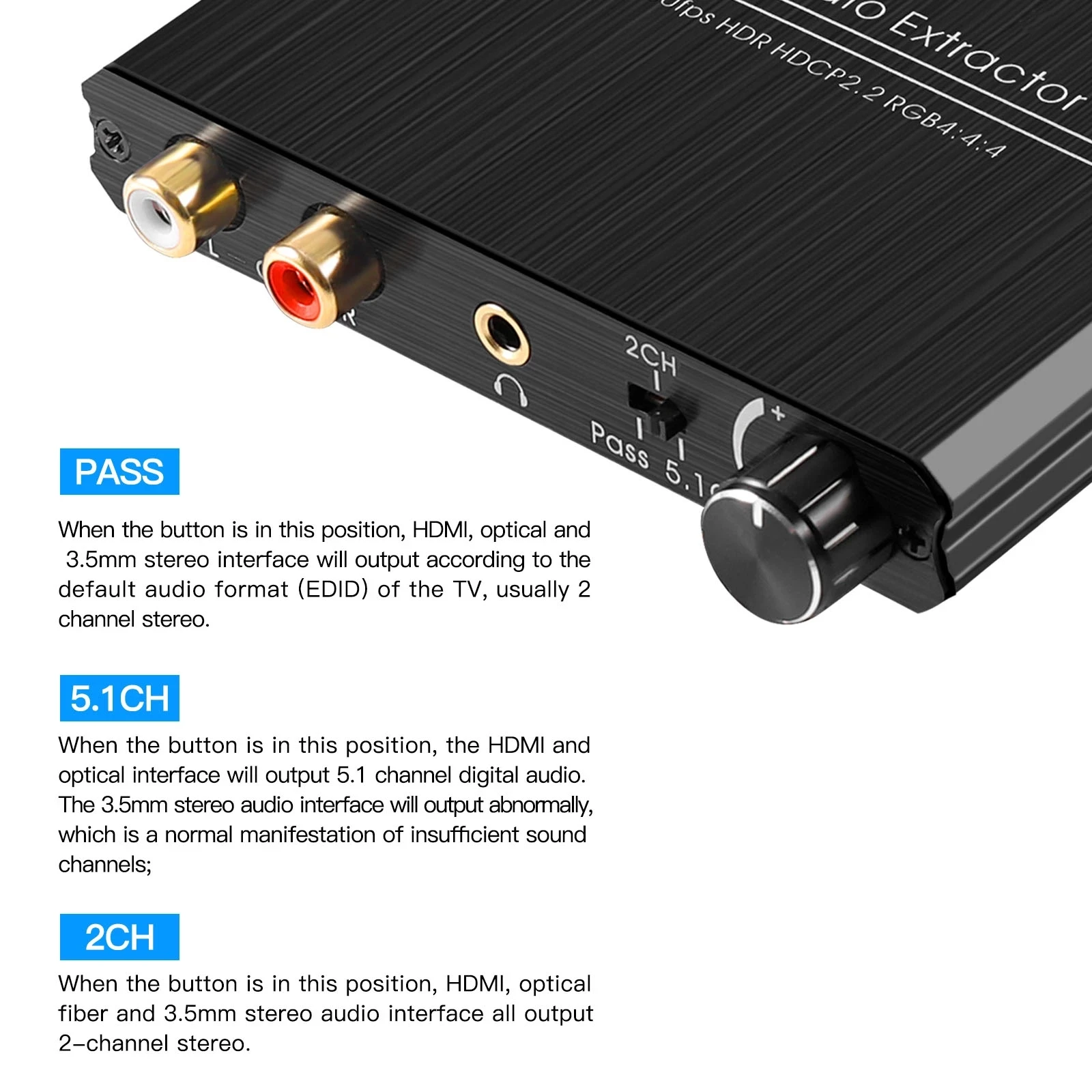 4K 60HZ HDMI   ȯ HDMI 2.0 to SPDIF + R/L + 3.5MM, 18Gpbs HDR10 YUV 4:4:4 HDCP 2.2 CEC   