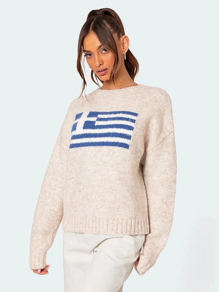 2024 Harajuku Hip Hop Knitted Men's Women's Sweater Fashio FLAG GIRL Pattern Printing Loose Tops Casual Streetwear Pullover 2
