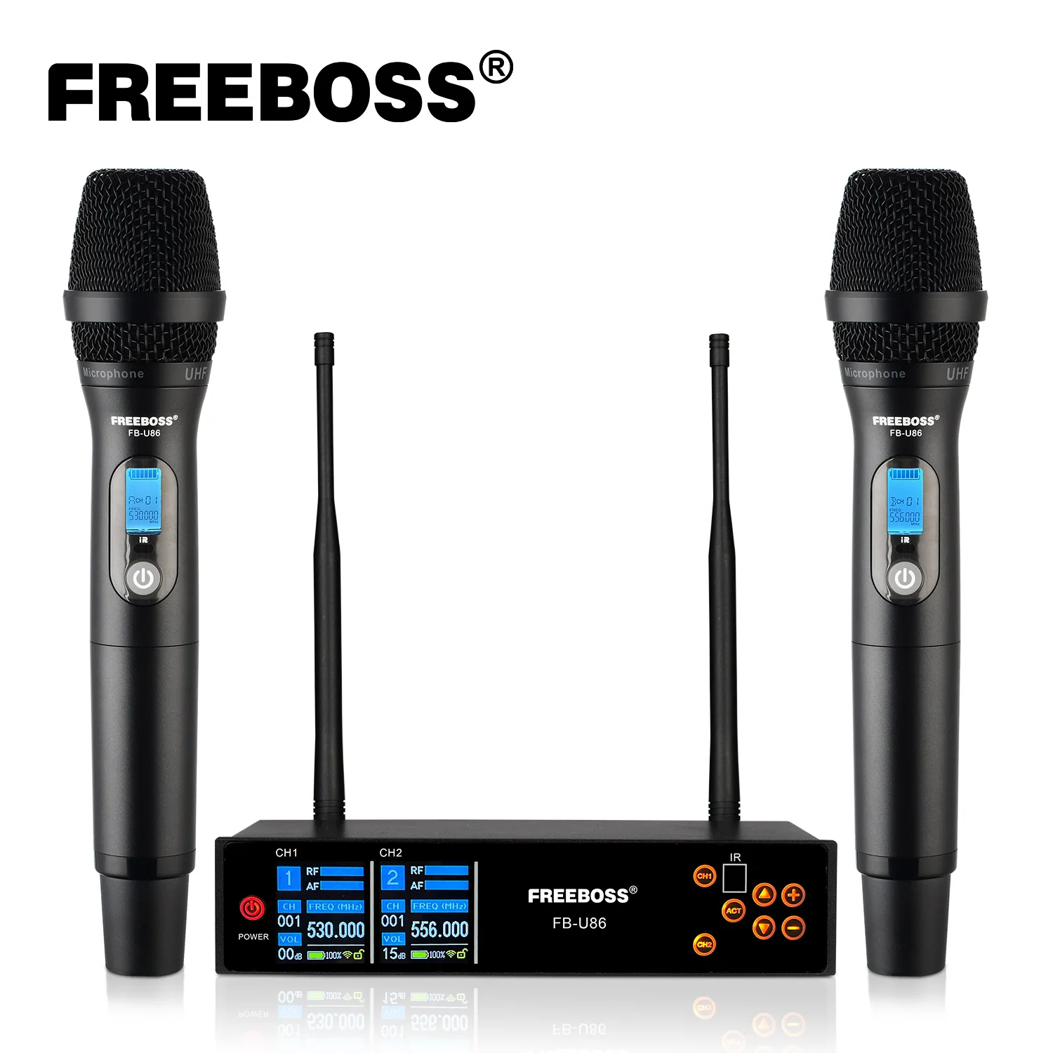 FREEBOSS 2 웨이 무선 마이크, UHF 조정 주파수, 듀얼 채널, 핸드헬드 전문 금속, 무대 FB-U86, 40M 마이크