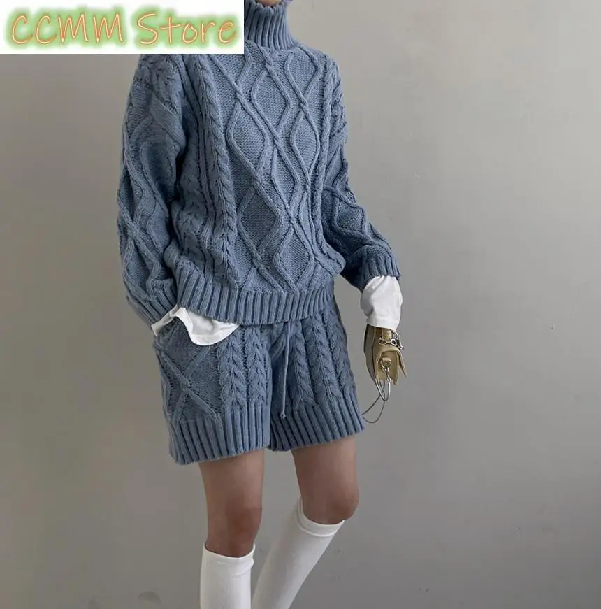 fashion-trend-lazy-wind-high-neck-hemp-pattern-knitted-sweater-female-autumn-and-winter-thickened-high-waisted-shorts-suit
