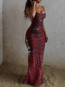 Kliou Sexy Dos Nu Robes Longues Femme Tigre Rayure Col Bas Sans Manches Splits Skinny Pêche Hanche Minuit Club