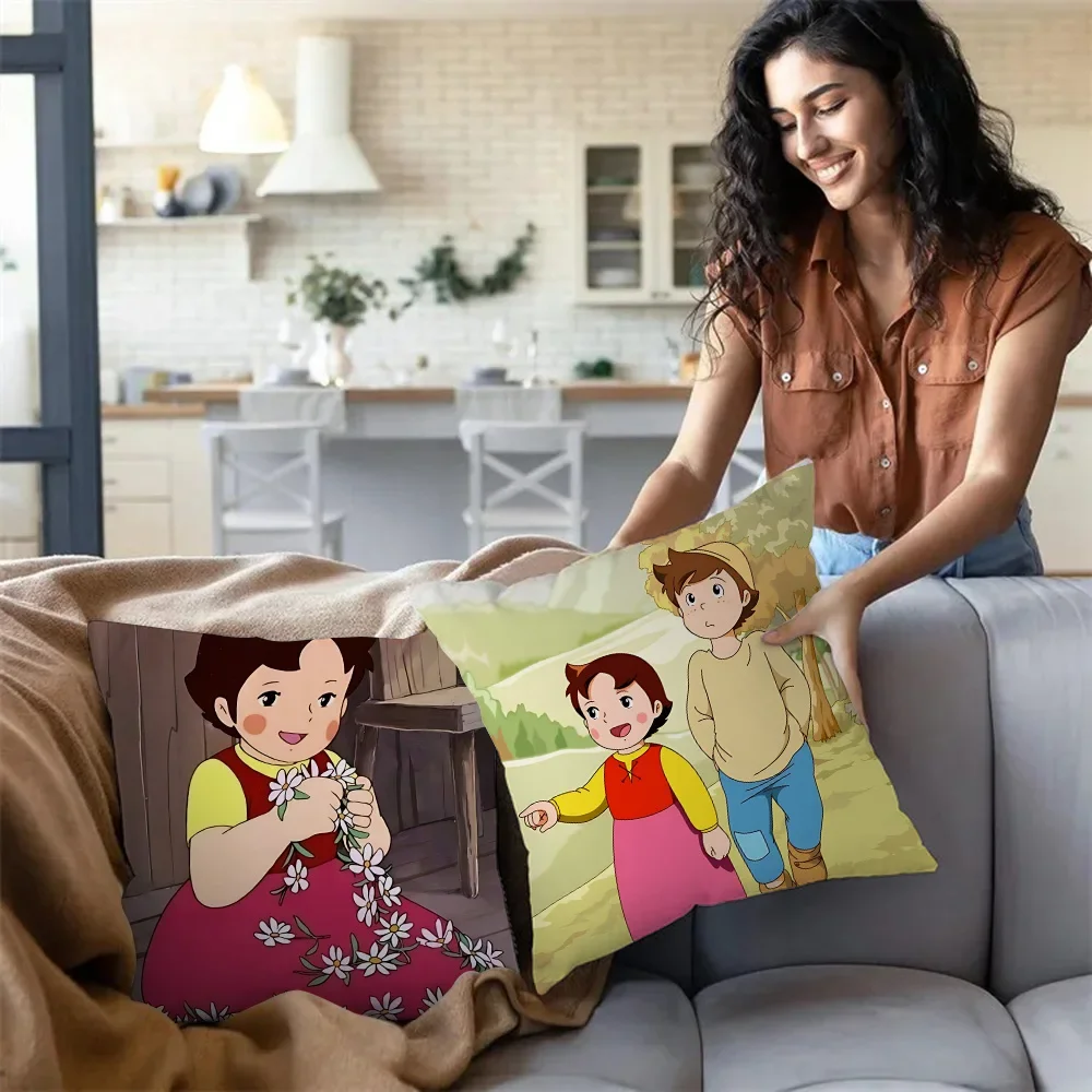 Pillow Cartoon Heidi Peter And Grandpa Alps Goat Mountain Sofa Decorative Home Double-sided Printing Short Plush Cushion Cover
