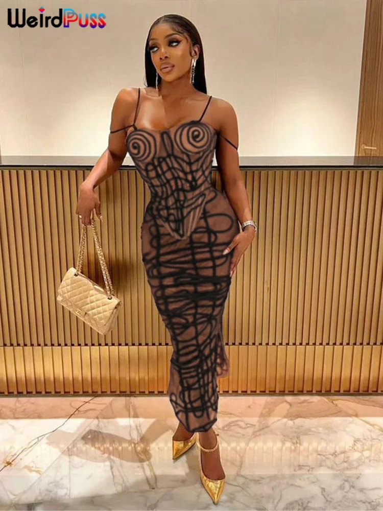 Weird Puss Stripe Print Sexy 2 Piece Set Women See Through Coquette Camisole+Long Skirts Midnight Clubwear Party Matching Suits