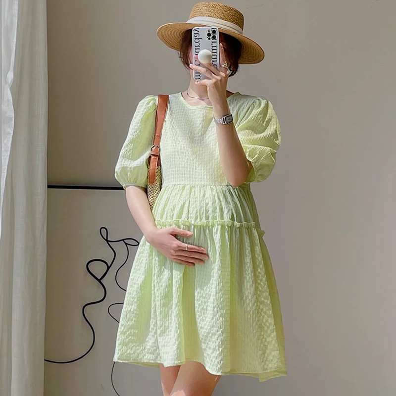 

Maternity Summer Shirts Short Sleeve O-Neck Ruffles Patchwork Solid Color Pregnant Woman Chiffon Blouses Sweet Shirt Blue Green