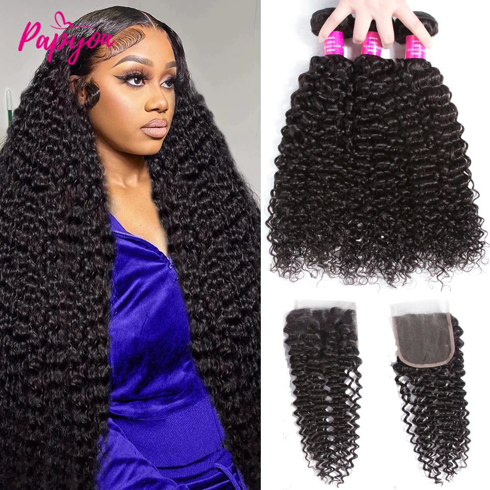 12A paquets brésiliens crépus bouclés avec fermeture paquet de cheveux humains Jerrly paquets de cheveux bouclés avec fermeture 4x4 dentelle transparente 1