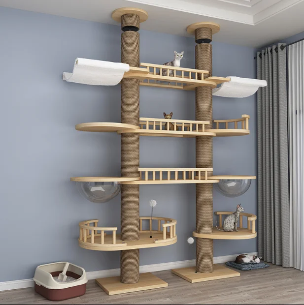 

Cat climbing frame with double columns, solid wood PVC, multi-layer, non occupying large site, cat climbing frame, cat nest, cat