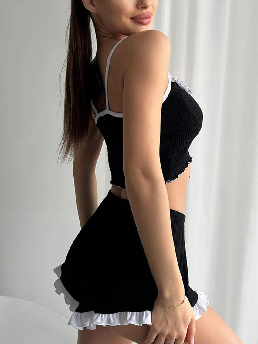 Marthaqiqi Fashion Women'S Pajamas Set Crop Top Sleepwear Spaghetti Strap Nightie Tank Tops Pyjamas Shorts Casual Nightwear Suit