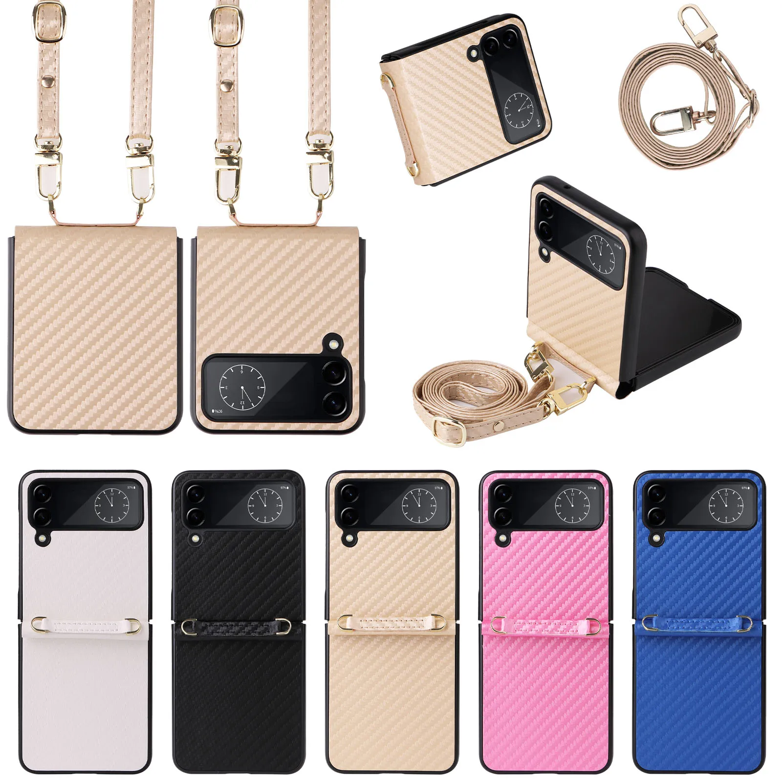 With Lanyard Carbon Fiber Folding Case for Samsung Galaxy Z Flip 4 5G