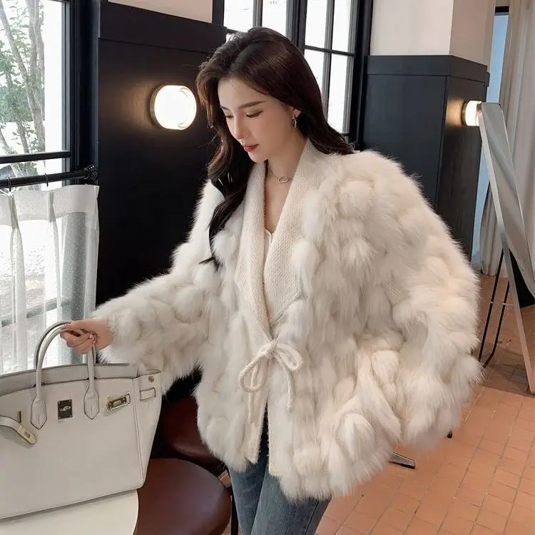 인조 밍크 모피 3D 헤어볼 코트 여성용, 겨울 턴 다운 칼라, 모조 여우털 봄버 재킷, 푹신한 가디건, 레이스업 털 상의