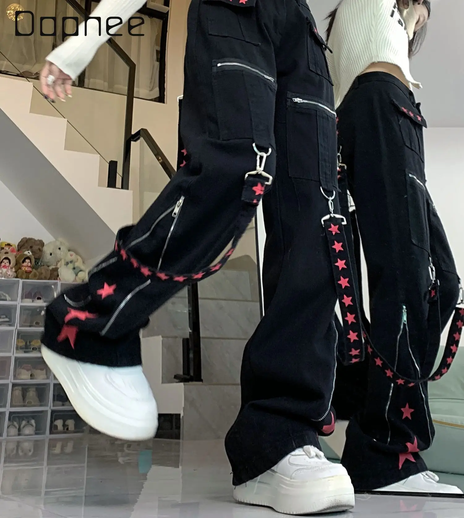 

Loose Black Cargo Jeans Female 2024 Spring and Autumn New Streetwear Women's Ribbon High Waist Wide Leg Denim Pants Femininas