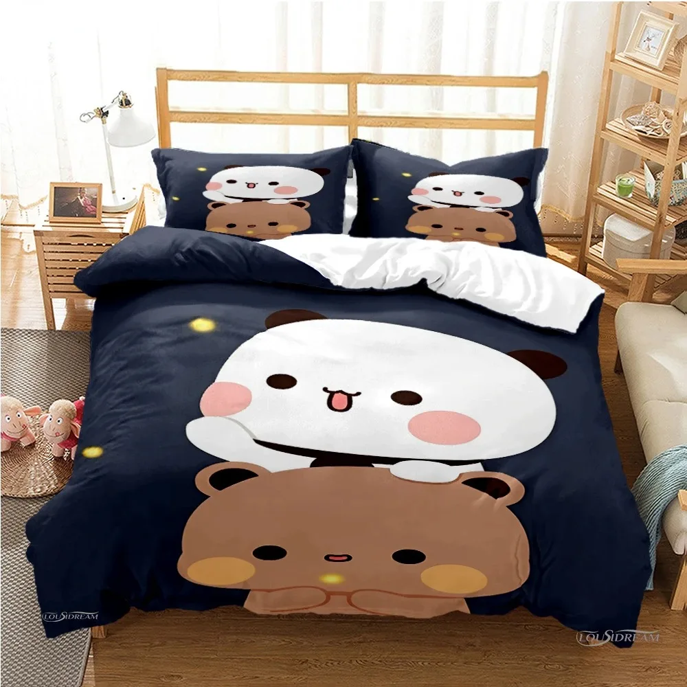 Bubu Dudu Cartoon Bear Panda Duvet Cover Set with kawaii print on queen bed