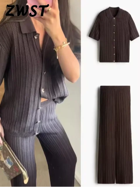 Vintage Knitted Loose Pants Set Women Brown Half Sleeve Lapel Single Breasted Cardigan Straight Trousers 2025 Fashion Solid Suit 1 Vintage Knitted Loose Pants Set Women Brown Half Sleeve Lapel Single Breasted Cardigan Straight Trousers 2025 Fashion Solid Suit 1