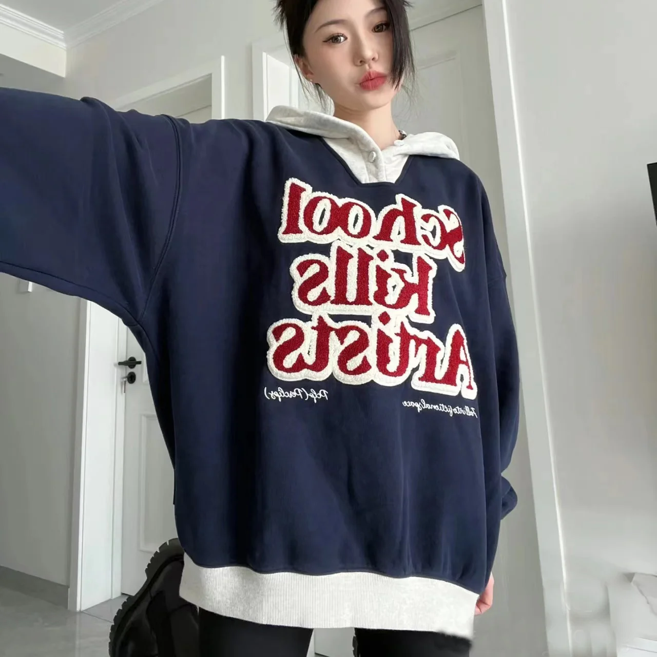 Korea Letter Print Oversized Hoodie Women'S Y2K Streetwear Loose Versatile Sweatshirt Clothes