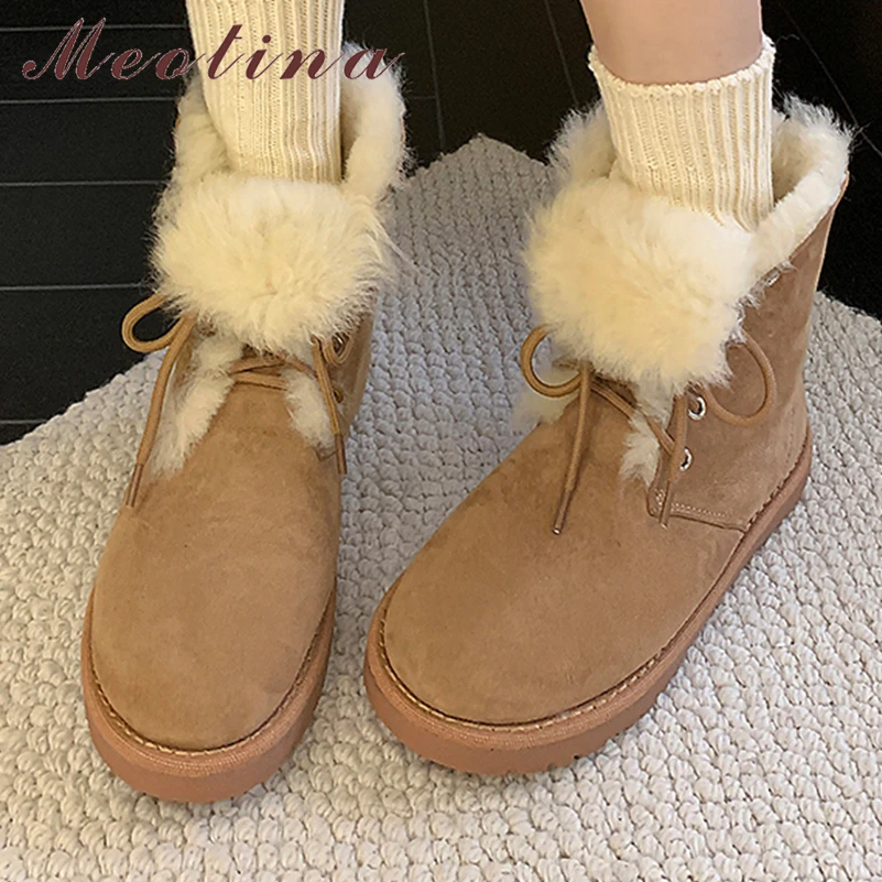 

Meotina Women Genuine Leather Ankle Boots Round Toe Flats Wool Lace-up Sheepskin Short Boot Ladies Fashion Shoes Winter Black 40