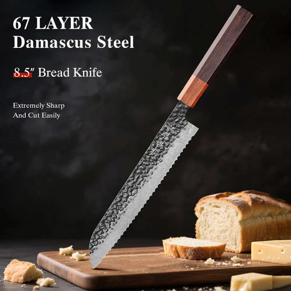 8,5" Brotmesser, hochwertiger Damaststahl, handgefertigt, professionelles Kochmesser, Küche, geschmiedeter Toastschneider, gezahnte Messer