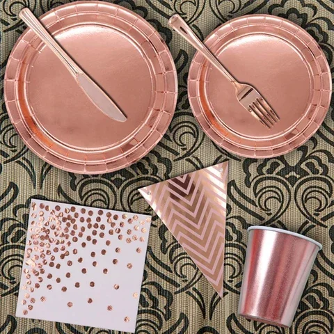 

Gold-Plated Disposable Tableware Rose Gold Tablecloth Paper Cup Knife Fork Spoon Paper Tray Party Supplies Decoration Set