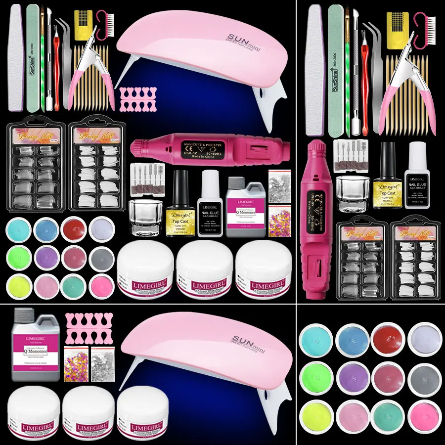 Acrylic Nail Kit 12 Acrylic Powder Professional Nail Kit with U V light with Light Art Decorations Tools LIMEGIRL