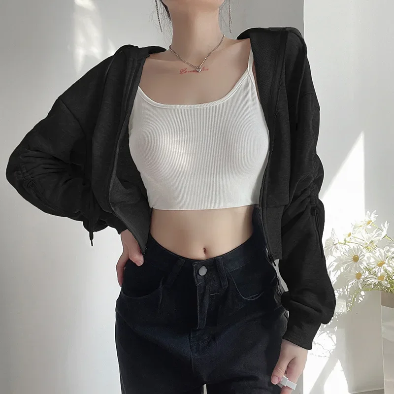 2023 Drawstring Long Sleeve Casual Loose Short Zipper Hooded Sweater Coat Solid Color Loose Casual Sweatshirt Sexy Streetwear
