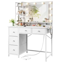 Vanity Desk with LED Lighted Mirror & Charging Staion 5 Fabric Drawers Makeup Vanity Table for Bedroom Dorm