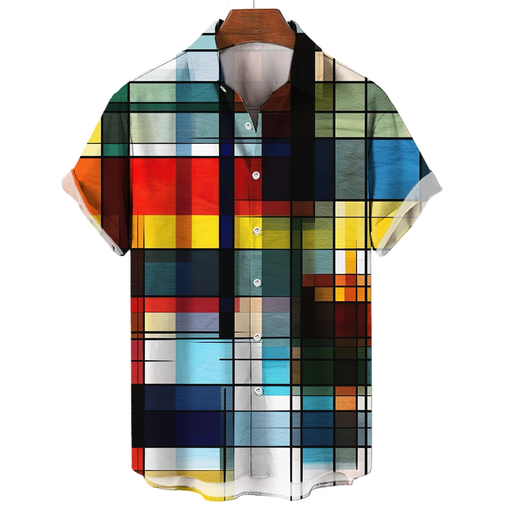 Oversized Color Lattice Hawaiian Men'S Shirt Patchwork Block 3d Printed Beach Tops Colorful Casual Short Sleeves Loose Street men s short sleeves and shorts famous character portraits printed t shirt set fashion street everyday sportswear summer clothes