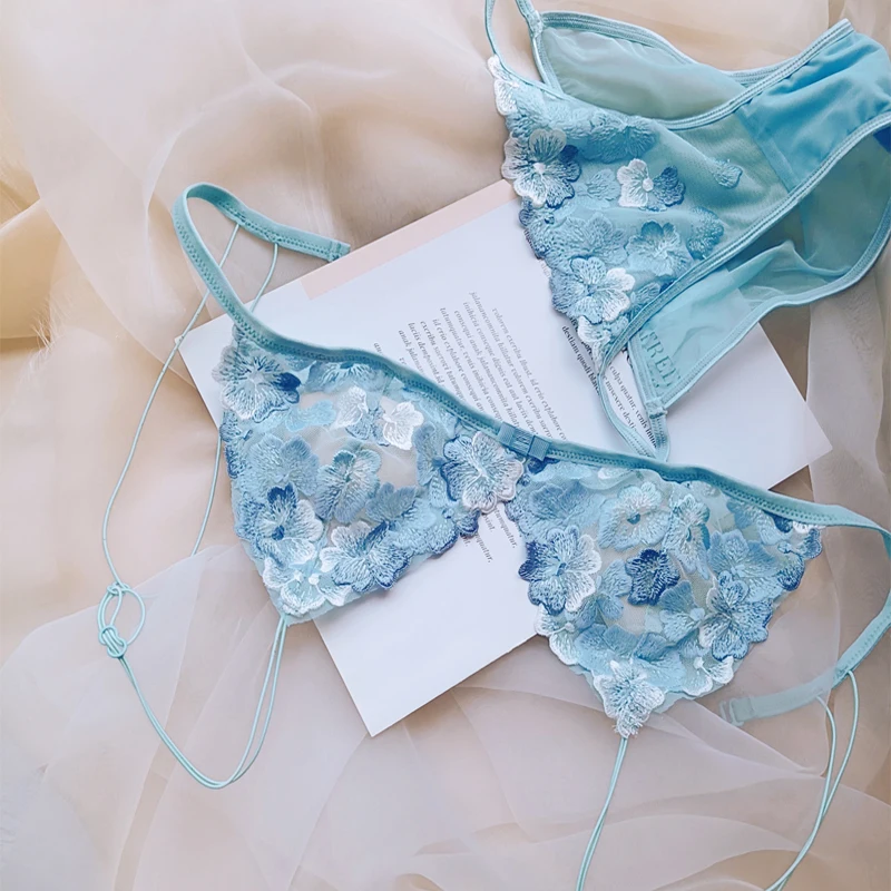  Sexy Lingerie for Women Floral Embroidery Lace Bra and Sexy  Panties 2 Pieces Set Strap Bralette Babydoll Underwear Light Blue:  Clothing, Shoes & Jewelry