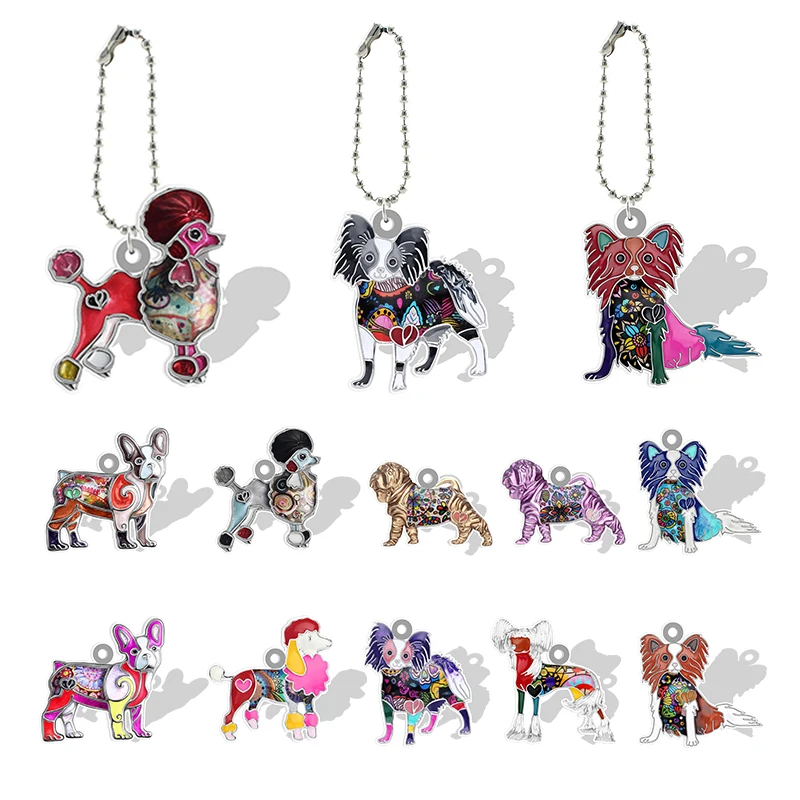 Poodle Sheepdog Papillon Dogs Pendant Keychains Acrylic With Beaded Chains For Bag Car Keyholder Keyring Animal Jewelry Qdw259