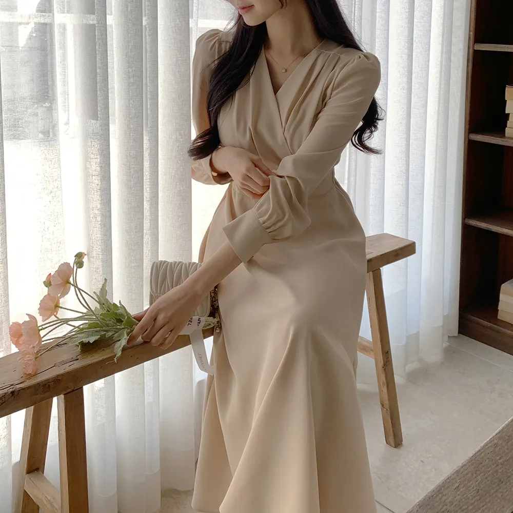 Korean Fashion Autumn Midi Dresses for Women Long Sleeves V-neck A-line Solid Casual Dress Office Lady Clothing New