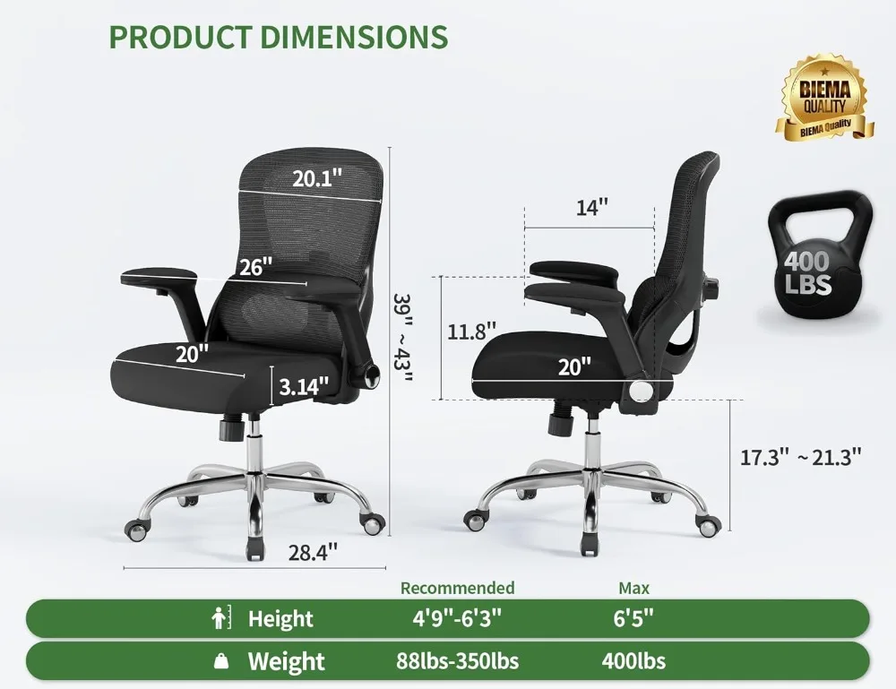 Ergonomic Office Chair with Lumbar Support, 400LBS Capacity, Adjustable Armrests & Breathable Mesh Back