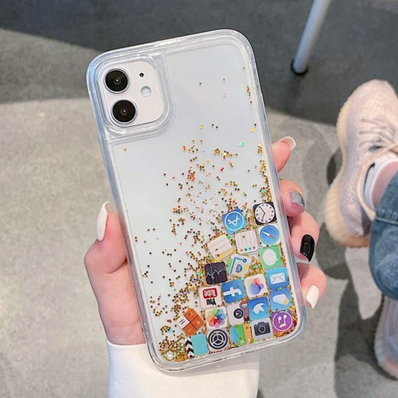 Floating Icone Apps Quicksand Cover Per Iphone 15 Case Funda Iphone 14 13 12 11 Pro Max Xr Xs 15 Plus Donna Uomo Glitter Carcasas