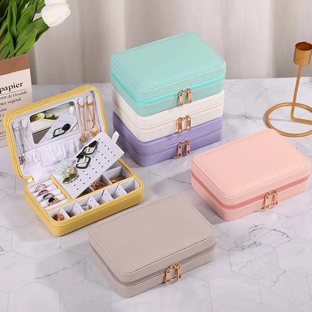 

Шкатулка для хранения ювелирных изделий на молнии, дорожный портативный органайзер из искусственной кожи для колец, серег, ожерелий, браслетов, яркий дисплей