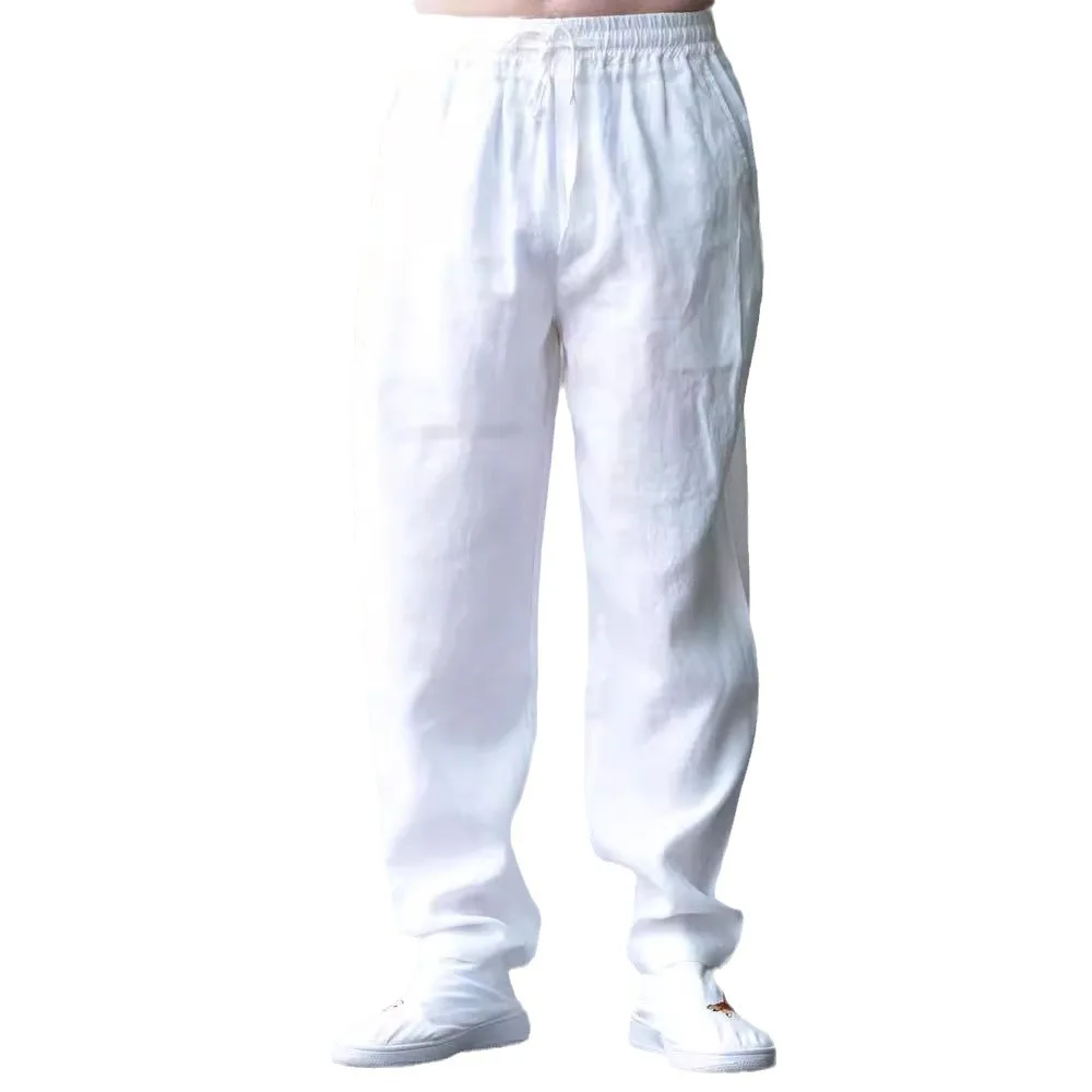Mens Cotton Linen Summer Pants High Elastic Waist Wide Leg Trousers