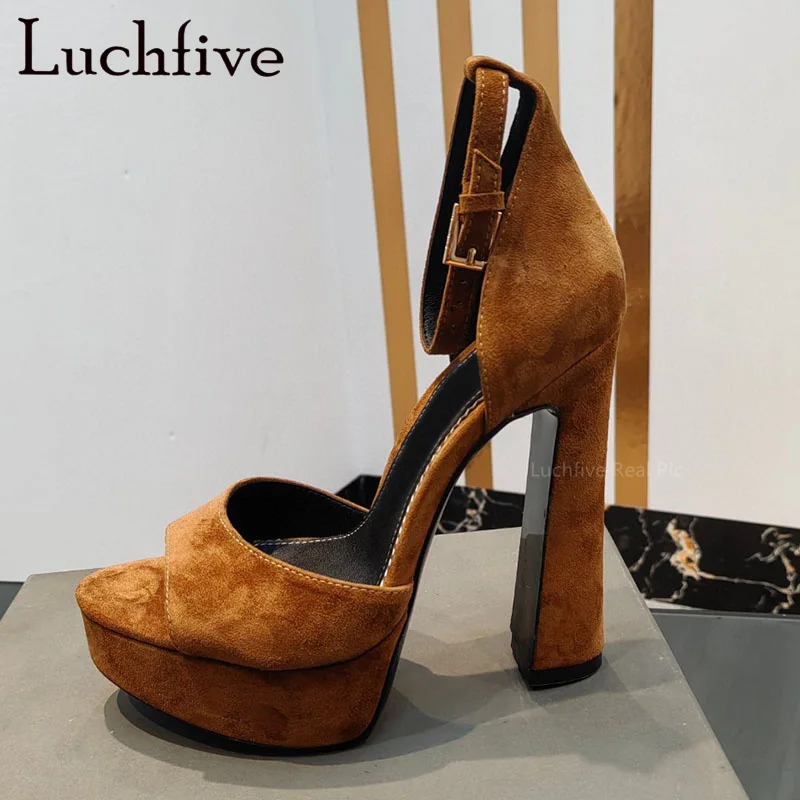 

2023 High Quality New Suede Platform Chunky High Heels Sandals for Women Peep Toe Buckle Strap Pumps Brand Sexy Party Shoes