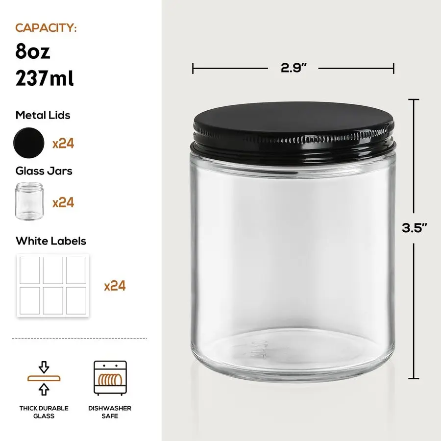 Pack, 8 OZ Thick Glass Jars with Metal Lids, Clear Round Candle Making Jars,Empty Food Storage Containers, Mason Canning Jar For
