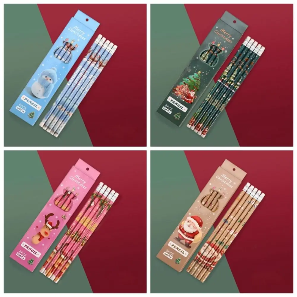 

6pcs Painting Christmas Cartoon Pencil Eraser Santa Claus Cute Drawing Tool Wooden Elk Christmas Stationery Students