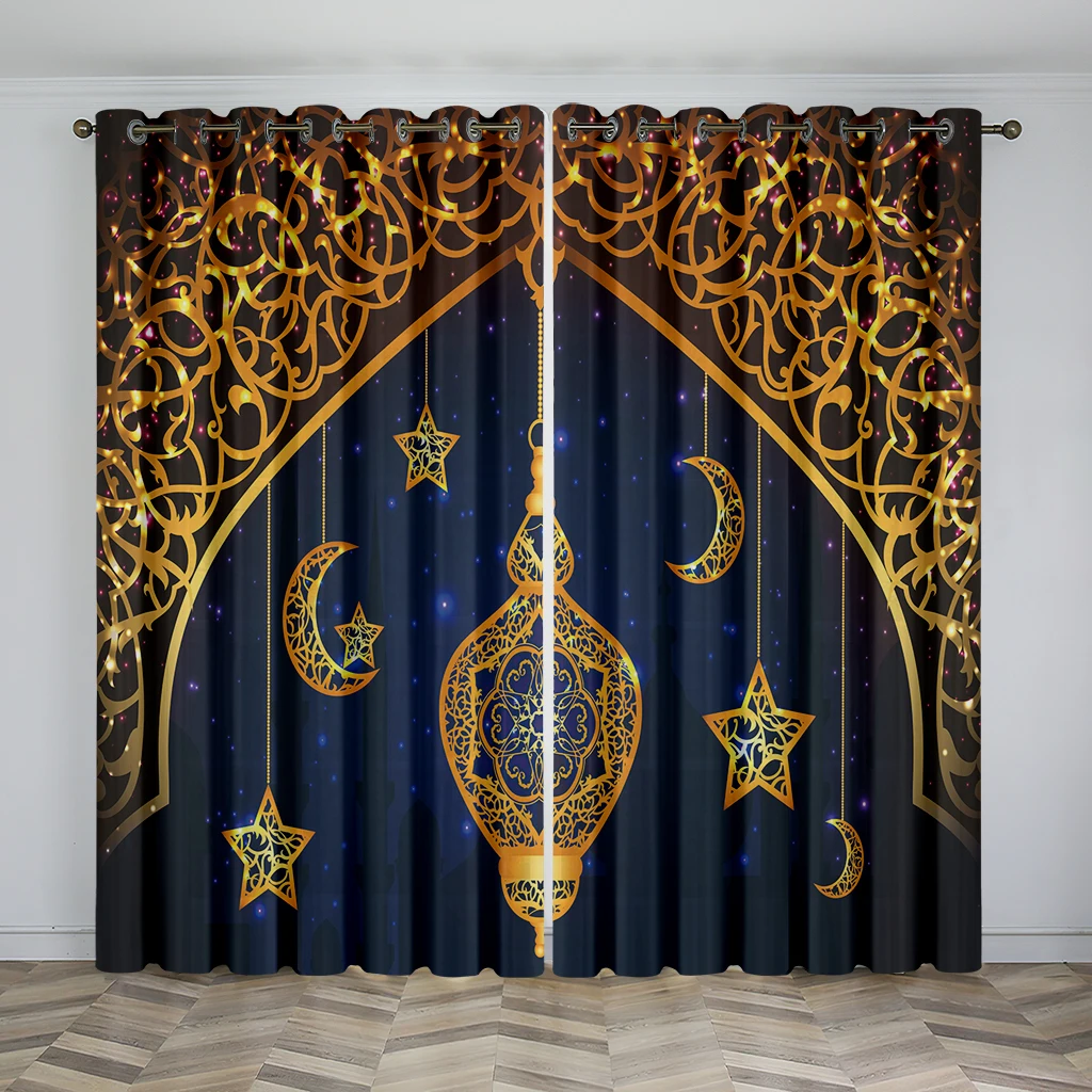 

Luxury Eid Al Fitr Islamic Traditional Holiday Decorative Curtains 2 Panel Golden Texture Living Room Bedroom Window Curtains