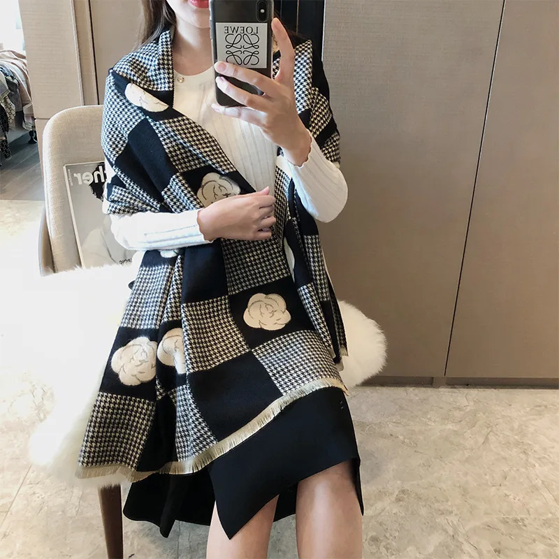 

Fashion Camellia Scarf Winter Warm Acrylic Women Scarf Houndstooth Plaid Elegant Chic Shawl With Tassels For Evening Party