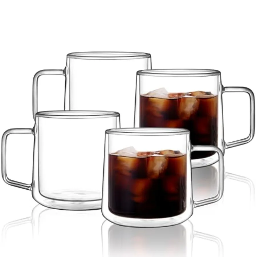 15oz 4-pack Double Walled Glass Coffee MugsLarge Insulated Glass Mugs with Handle Clear Coffee Cups for Espresso Latte Cappucci